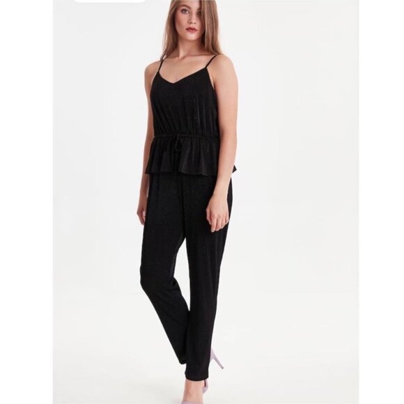 NWOT ICHI‎ Black Metallic Striped Peplum Jumpsuit Size XS - Picture 1 of 8